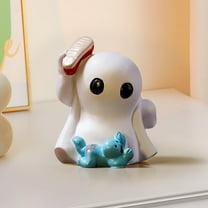 Ceramic Kawaii Ghost Statue Halloween Decor - Polka Dot Bow Desk Ornament Gothic Cute Figurine Office Shelf Decor Spooky Gift Idea(Blue)