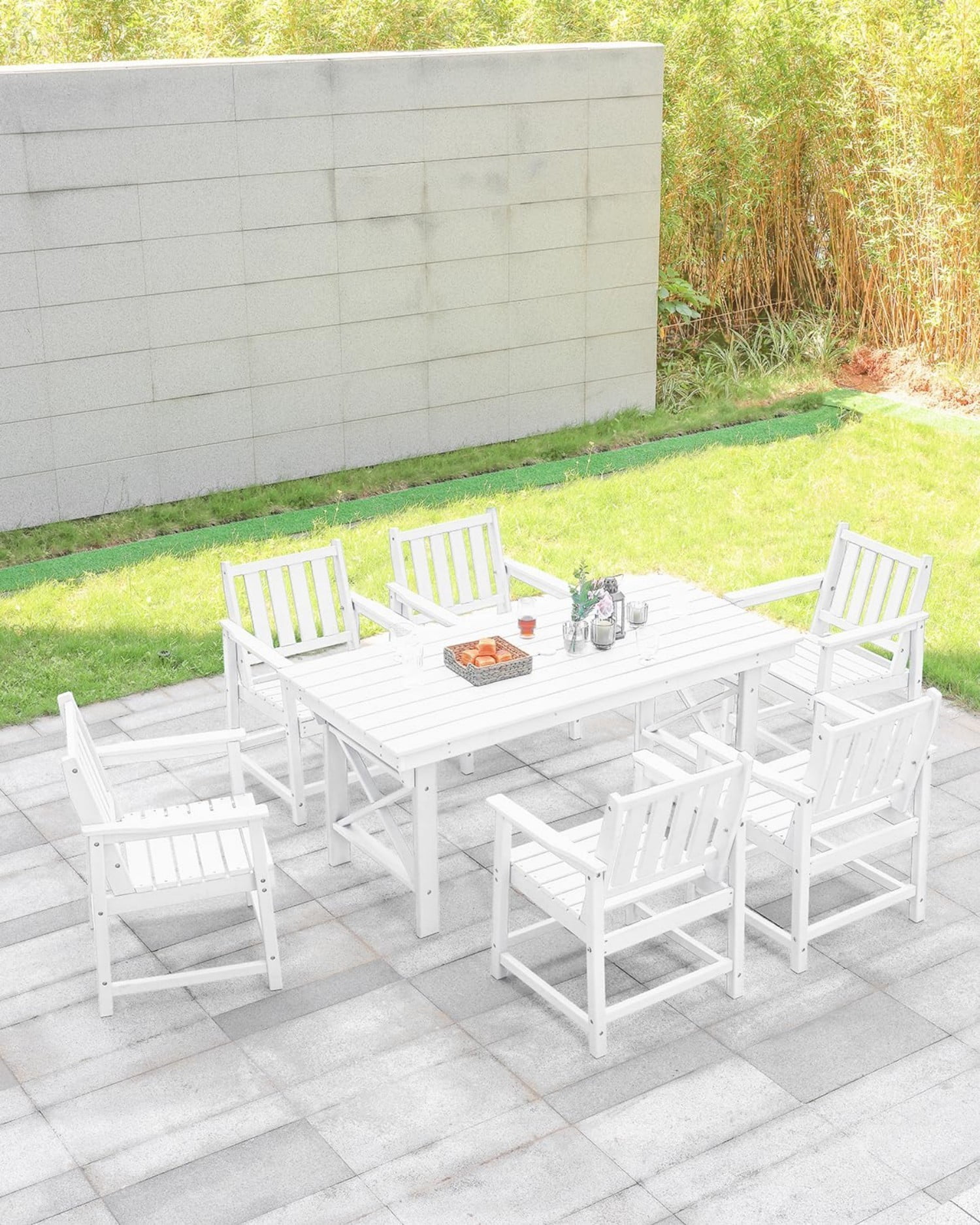 HDPE Outdoor Dining Table for 6, 66.9" Rectangular Patio Dining Table with 2.2" Umbrella Hole, All-Weather Outdoor Table for Backyard, Deck, Garden, Poolside, Pearl