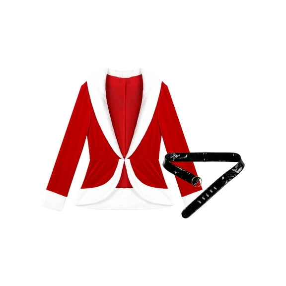 Aislor Women's Christmas Santa Claus Costume Velvet Open Front Long Sleeve Jacket Coats Tops with Belt Red S