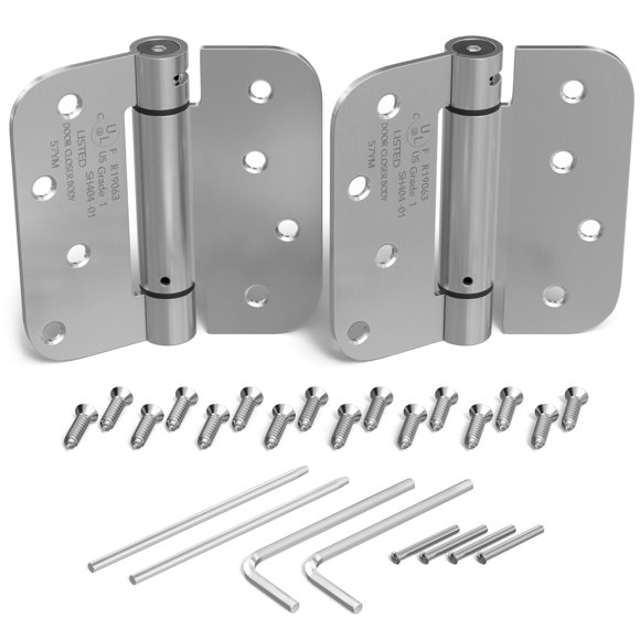KS Hardware Charnière à Ressort pour Mortaise / Charnières de Porte à Fermeture Automatique avec Quincaillerie d'Installation Complète / 4 Pouces X 4 Pouces avec Coins de 5/8 Pouces de Rayon / Lot de 2, Fini Nickel Satiné