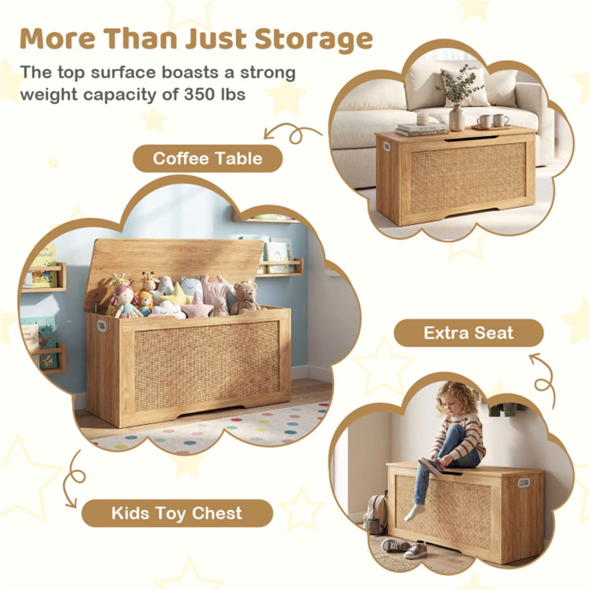 39 Gallon Natural Wooden Toy Box Storage Chest with Soft Close Lid Rattan Look Kids Storage Bench 350 lbs Weight Capacity for Playroom Bedroom Entryway