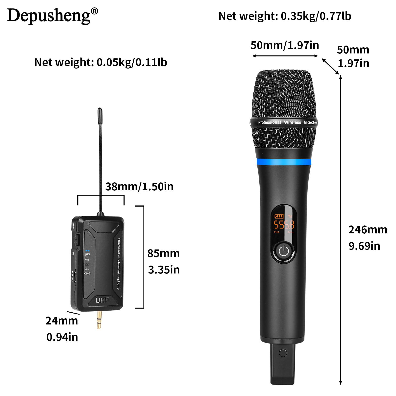 Depusheng W8-1 Wireless Microphone Dual Handheld Cordless Microphone with Rechargeable Receiver for Singing, Karaoke, Church, Speech, Wedding