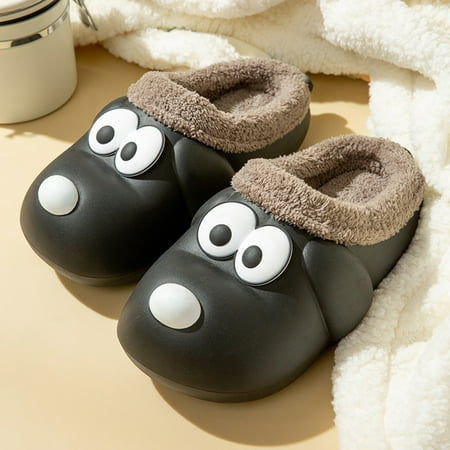 

Winter Couples Men Cute Dog Warm Home Baotou Waterproof Soft Bottom Comfortable Solid Color Flat Cotton Slippers Black 8.5