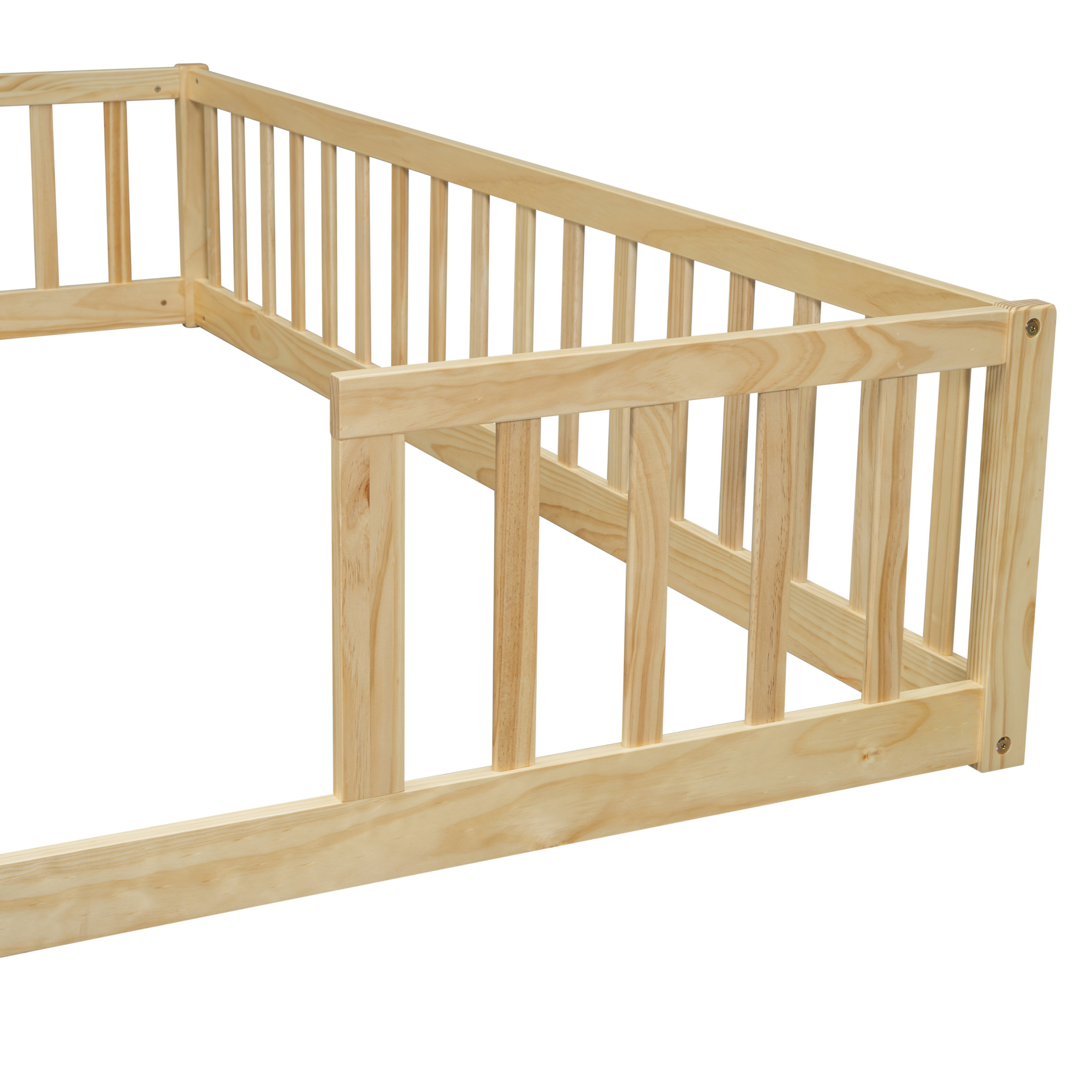 Noble House Finbar Double Twin Floor Bed with Fence Guardrails, Pine and Engineered Wood Frame for Kids, Natural