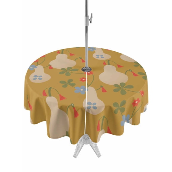 Outdoor Tablecloth with Umbrella Hole for Patio/Picnic/Party/Camping, Yellow Gourd Waterproof Table Cloth Round Cover Washable, Spring Floral Farmhouse Botanical (Dia 60")