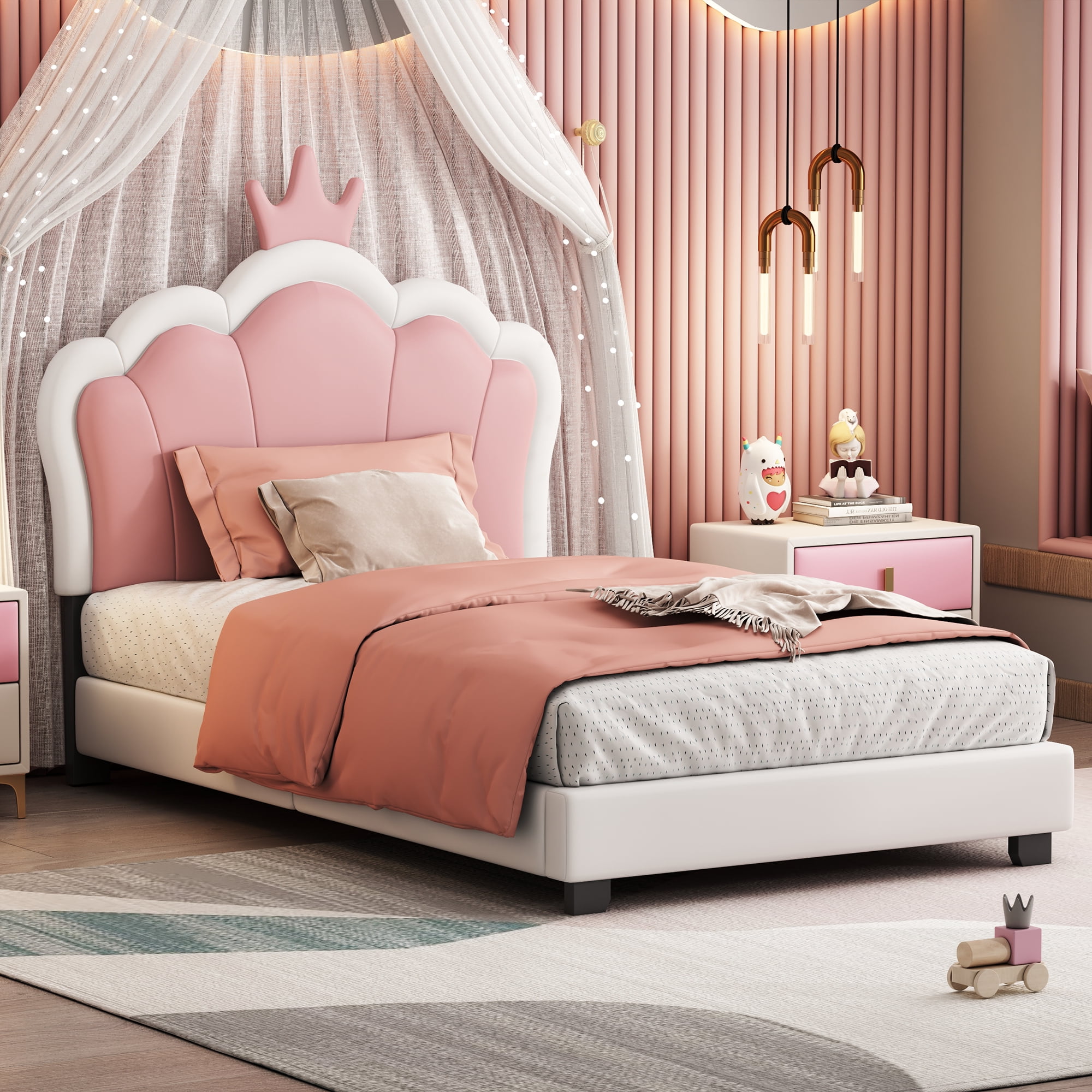 Euroco Wood Twin Size Platform Bed with Crown Headboard and for Kids, White