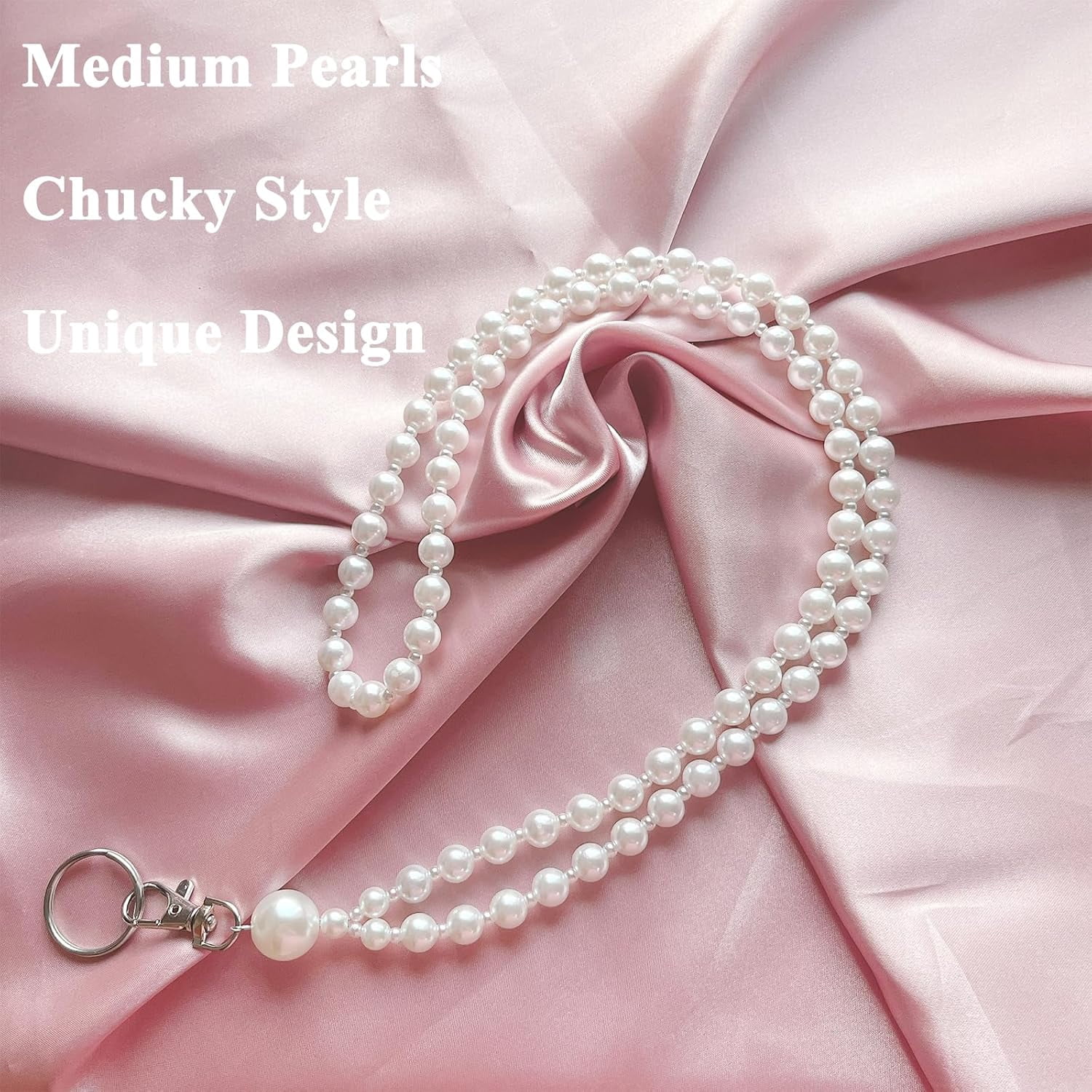 Middle White Pearl Lanyard for Women for ID Badges Name Tag and Keys Light Weight Acrylic Faux Pearls Sweet Teacher Lanyards Holder$$Office