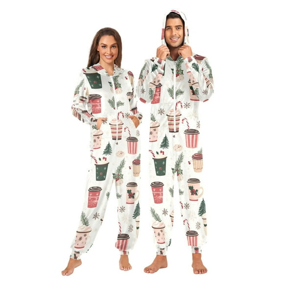 FORMRS Onesies Pajama for Adults Unisex Hoodie Winter Jumpsuit One Piece Sleepwear, Sizes S-2XL, Christmas Cups