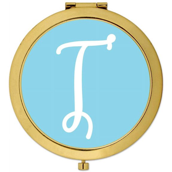Koyal Wholesale Gold Compact Mirror Bridesmaid's Wedding Gift, Baby Blue, Monogram Letter T, 1-Pack