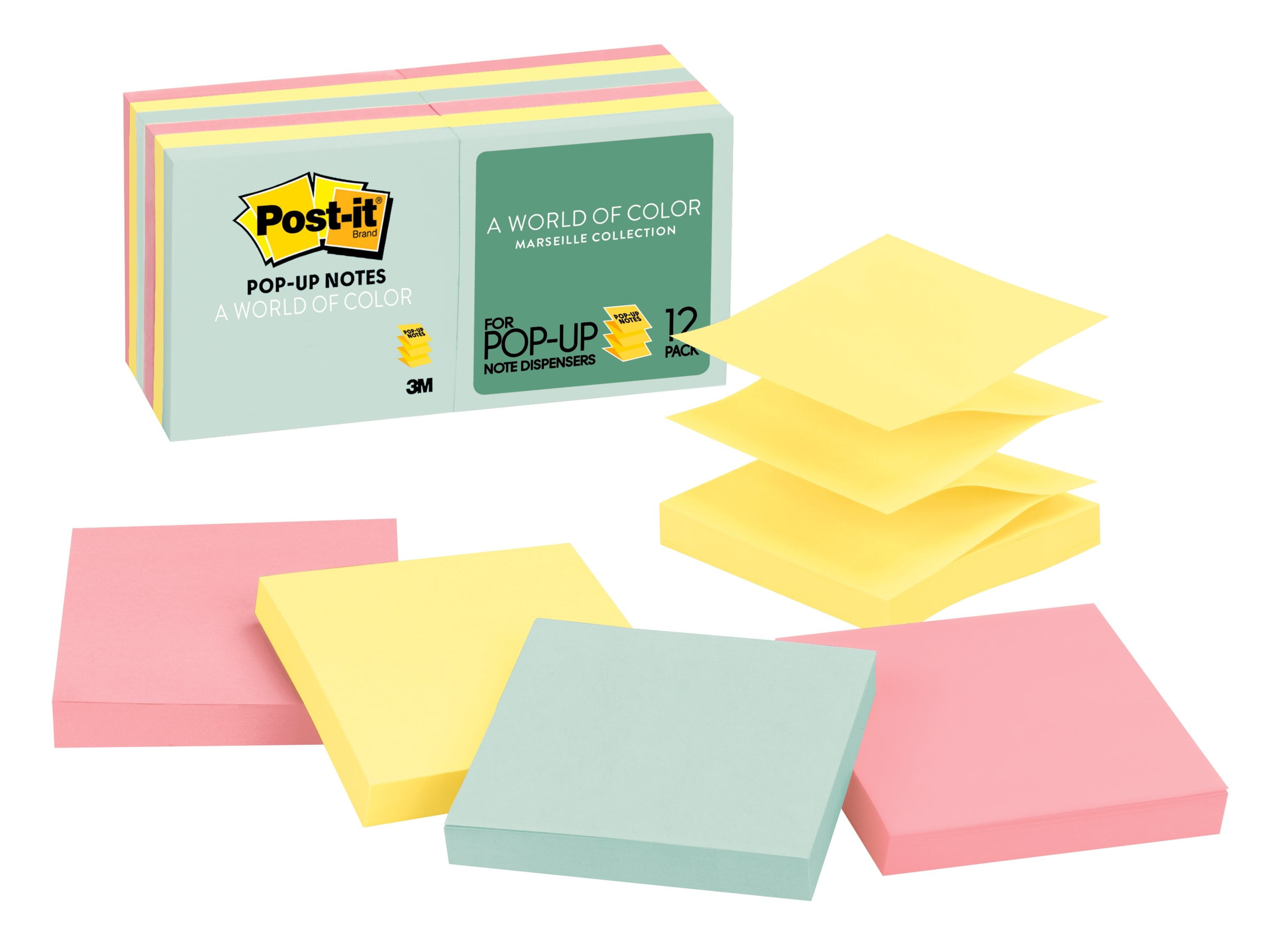 PostIt Popup Notes , 3" x 3", Assorted Marseille Colors, 12 Pads