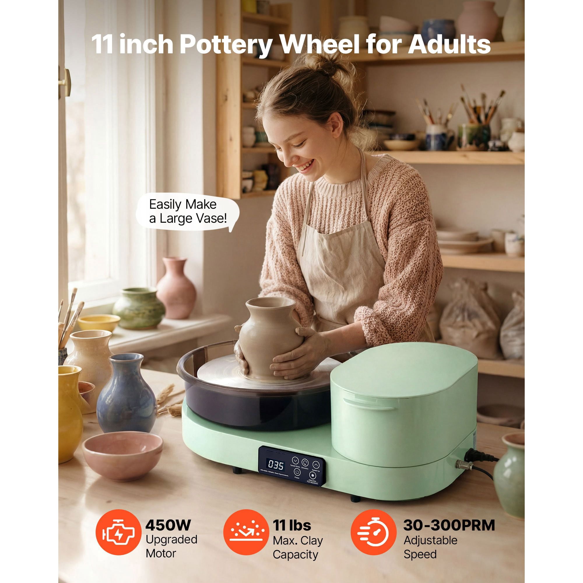 11-Inch Pottery Wheel, 450W Electric with Foot Pedal, 30-300 RPM Speed, Aluminum Body, for Beginners DIY, Green