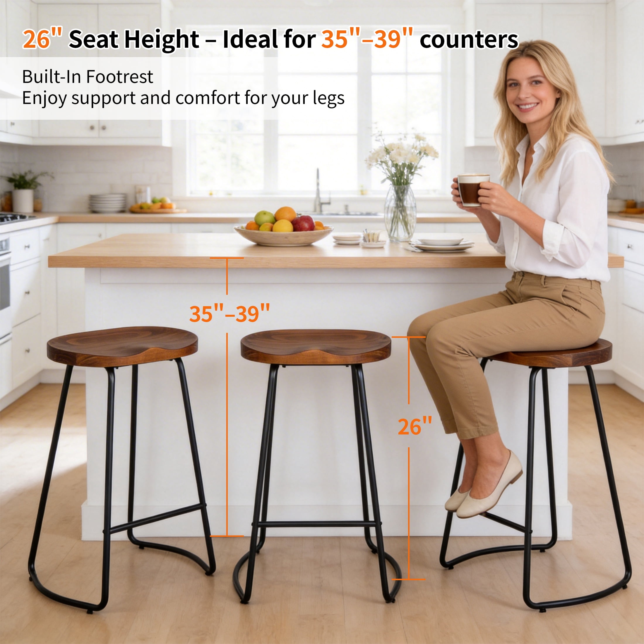 FIRAVOE Bar Stools Set of 3 (Solid Wood Saddle Seat) 26 Inch Counter Height Barstools Backless Counter Stools for Kitchen Island