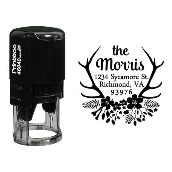 Printtoo Custom Round Floral Antlers Address Return Personalized Self Inking Rubber Stamp Gift Idea-Black