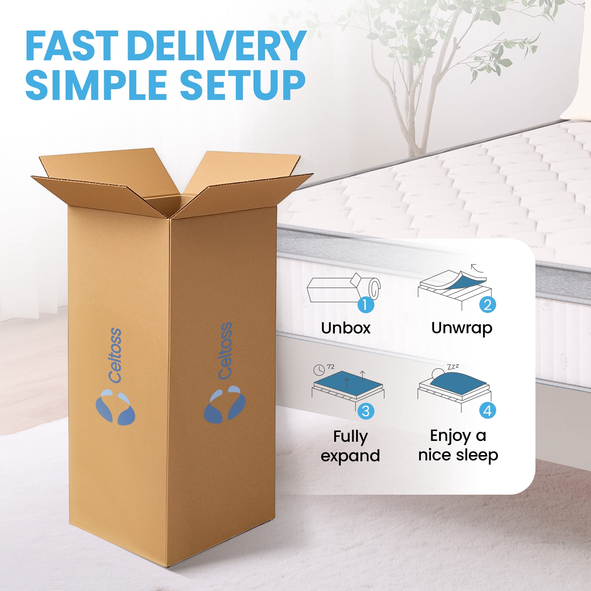 CELTOSS CT-HY1 10 in Hybrid Mattress, Full, Medium, Tight Top, Mattress-in-a-Box