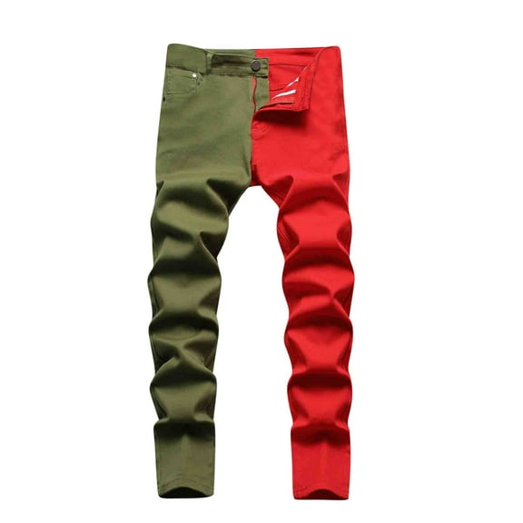 HomeGardon Mens Pants Men's Cotton Slim Fit Stretch Jeans Ripped Skinny Jeans for Men,Distressed Straight Leg Fashion Comfort Flex Waist Pants Red&Green,S-XXL