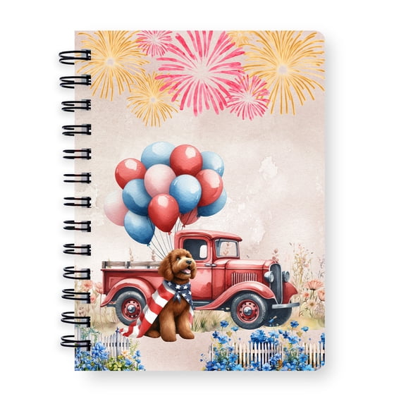 Vintage Patriotic Goldendoodle 4th of July Independence Memorial Day Spiral Bound Journal Doodle Dog Lover Gifts Idea 5x7in Spiral Notebook - 01006