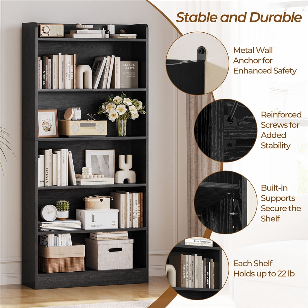Yaheetech 6-Tier Wooden Bookshelf with Adjustable Open Shelf, Black