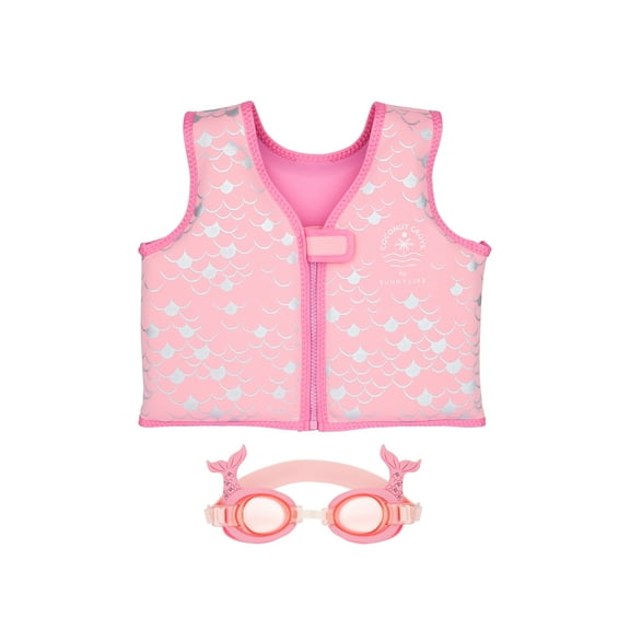 Coconut Grove by Sunnylife - Kids, Girls Swim Float Vest & Goggles Set Pearl the Mermaid, Pink-Age 2-3 Years
