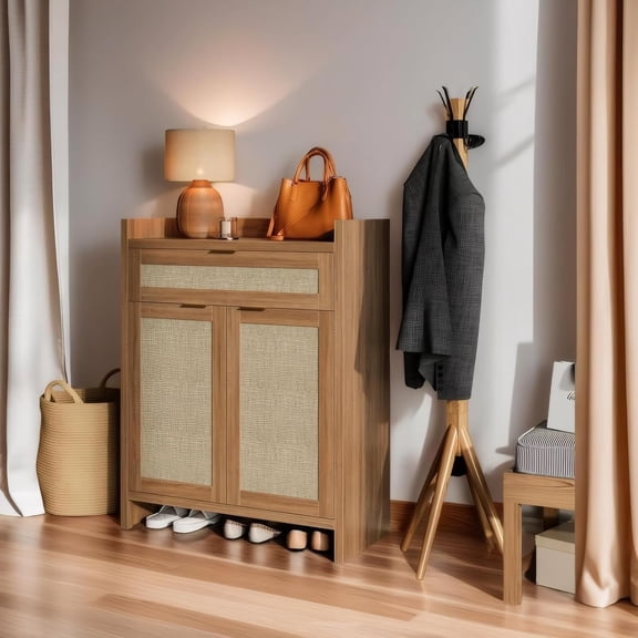 Funslane Modern Rattan Shoe Cabinet, Shoe Rack with Storage Drawers & Doors, Wooden Accent Console Table with Adjustable Shelf, for Hallway, Entryway & Living Room
