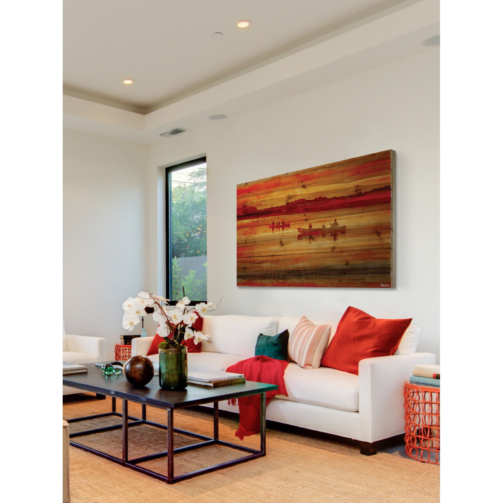 Parvez Taj  - Sunset Paddle Painting Print on Natural Pine Wood - Multi-Color 36 x 24