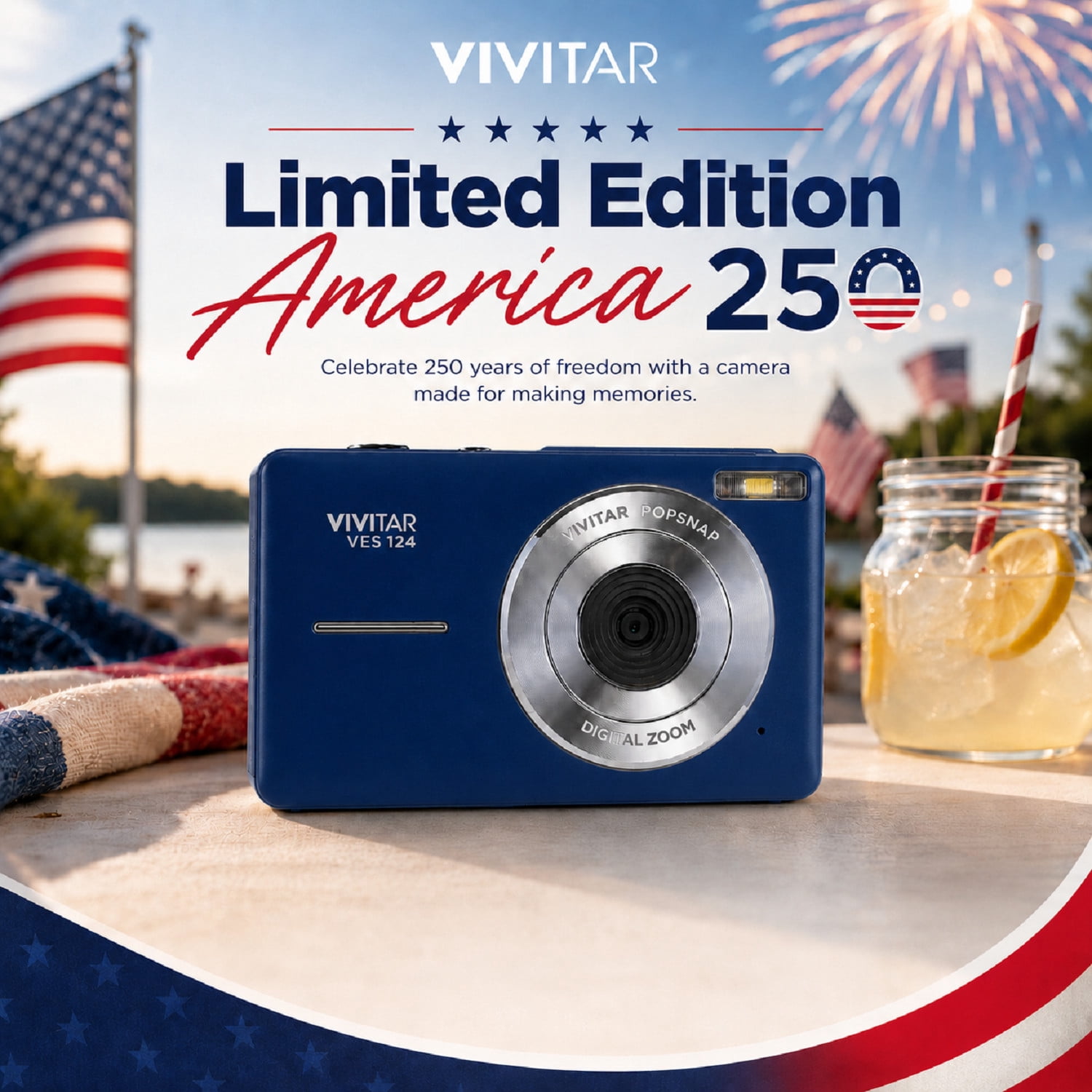 Vivitar PopCam America 250 Digital Camera – USA Celebration Edition, Old Glory Blue, 48MP Camera with Full HD 1080P Video, 3" Flip Screen, 16X Zoom Compact Vlogging Camera with Built-in Mic
