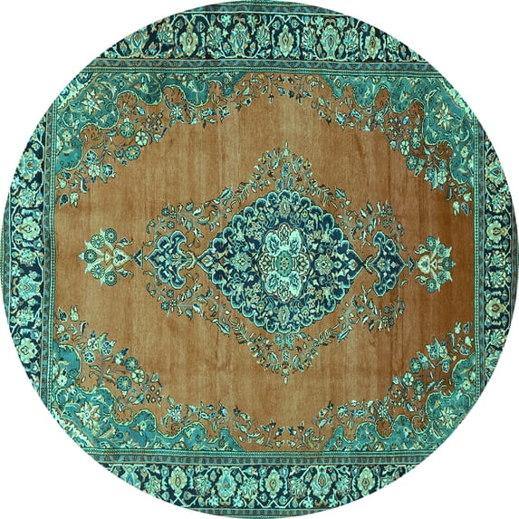 Ahgly Company Machine Washable Indoor Round Medallion Turquoise Blue Traditional Area Rugs, 8' Round