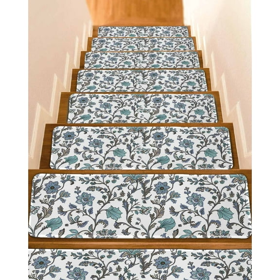 Boho Leaf Stair Treads for Wooden Steps Indoor Runner Rug Carpet, Teal Green Spring Farmhouse Pastoral Tribal 15 Pieces Peel and Stick Staircase Step Treads Covers Washable Throw Door Mats, 30"x8"
