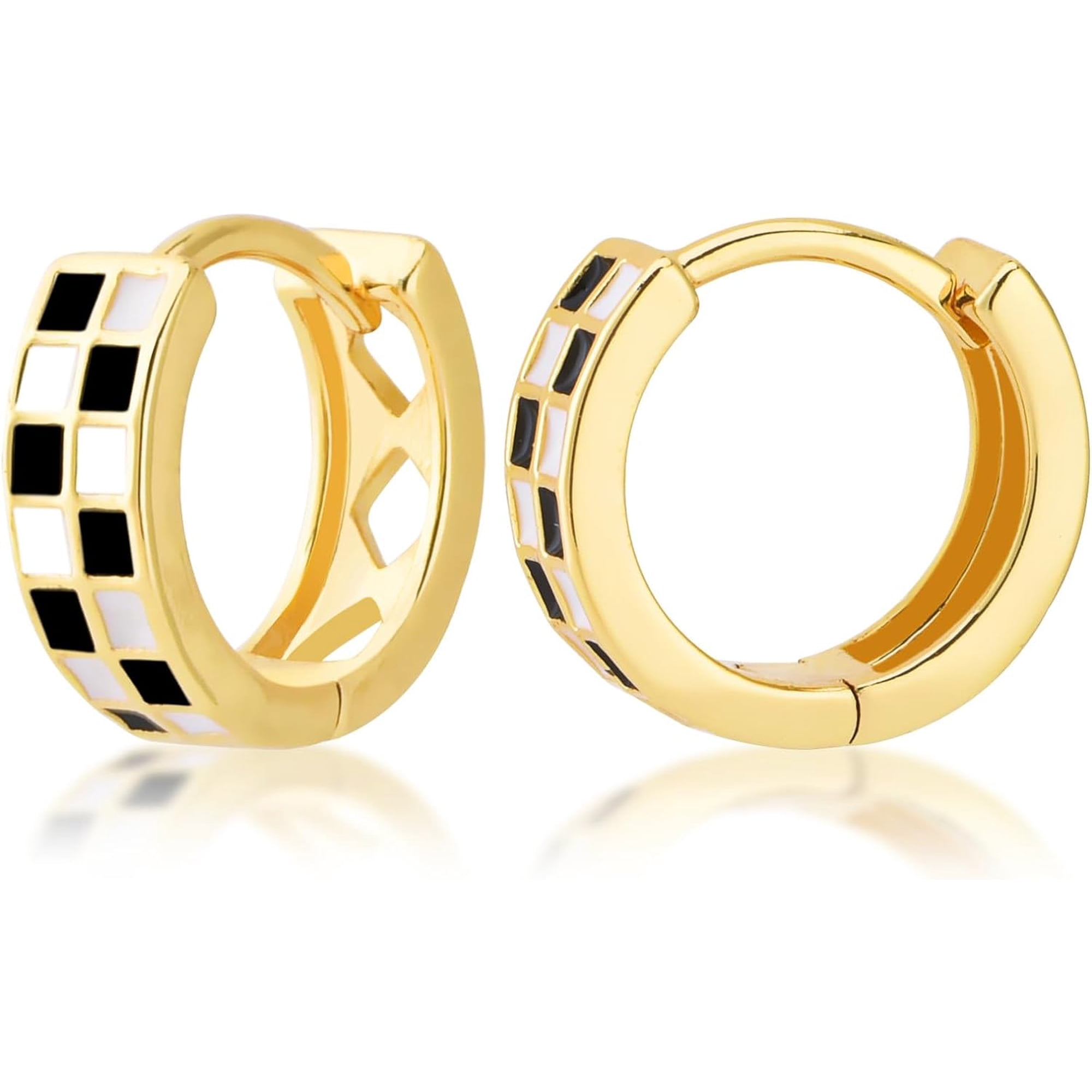 COVE Retro Checkerboard Enamel Huggie Earrings, Gold Tone Hypoallergenic Jewelry for Women Daily Wear