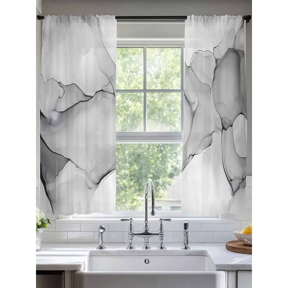 Abstract Marble Texture Sheer Curtains 63 Inches Long 2 Panels Gradient Light Gray Light Filtering Semi Sheer Window Curtains Drapes for Bedroom Living Room 52"x63"