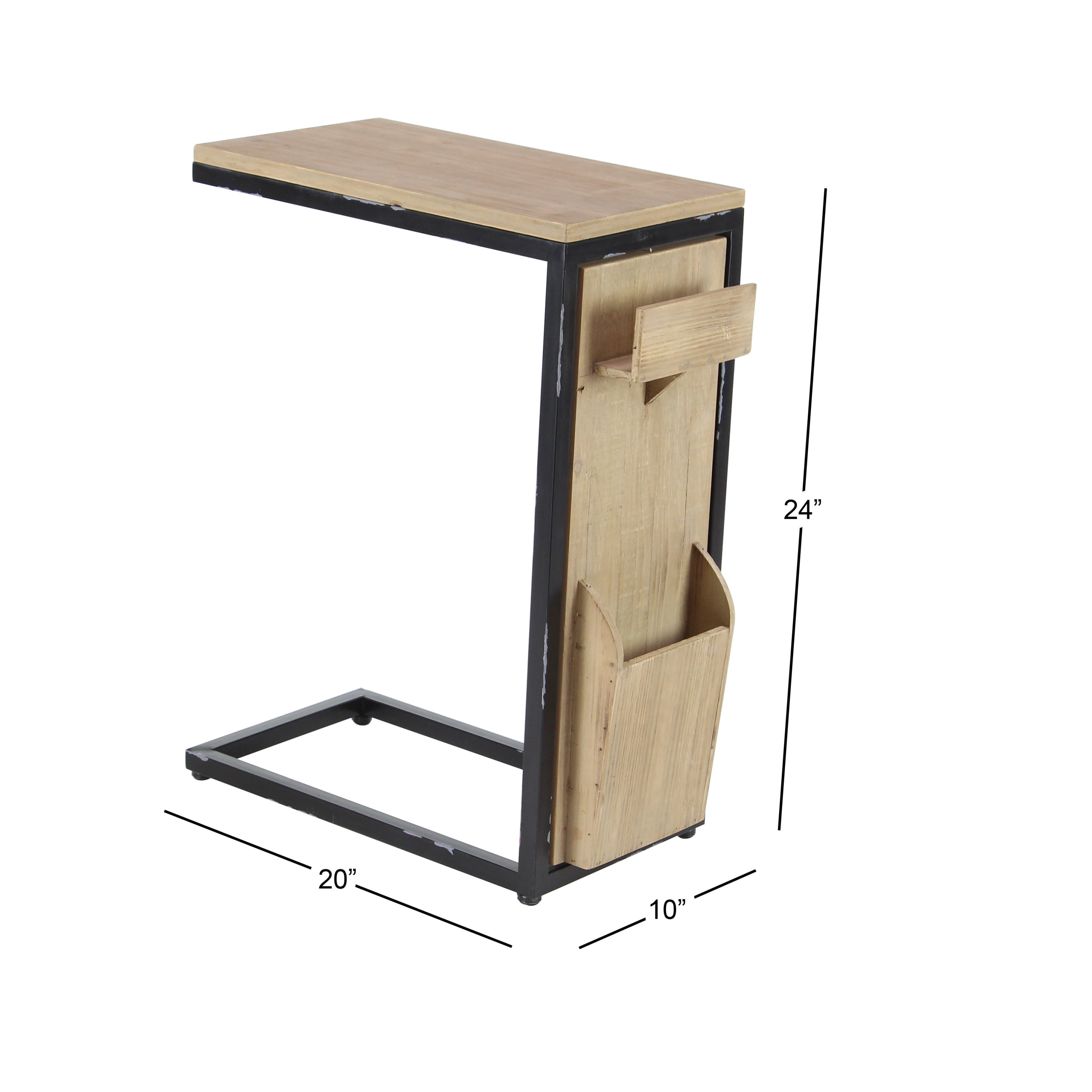DecMode Wood Industrial C Shaped Accent Table with Storage Slots and Light Brown Finish, 20"W x 24"H