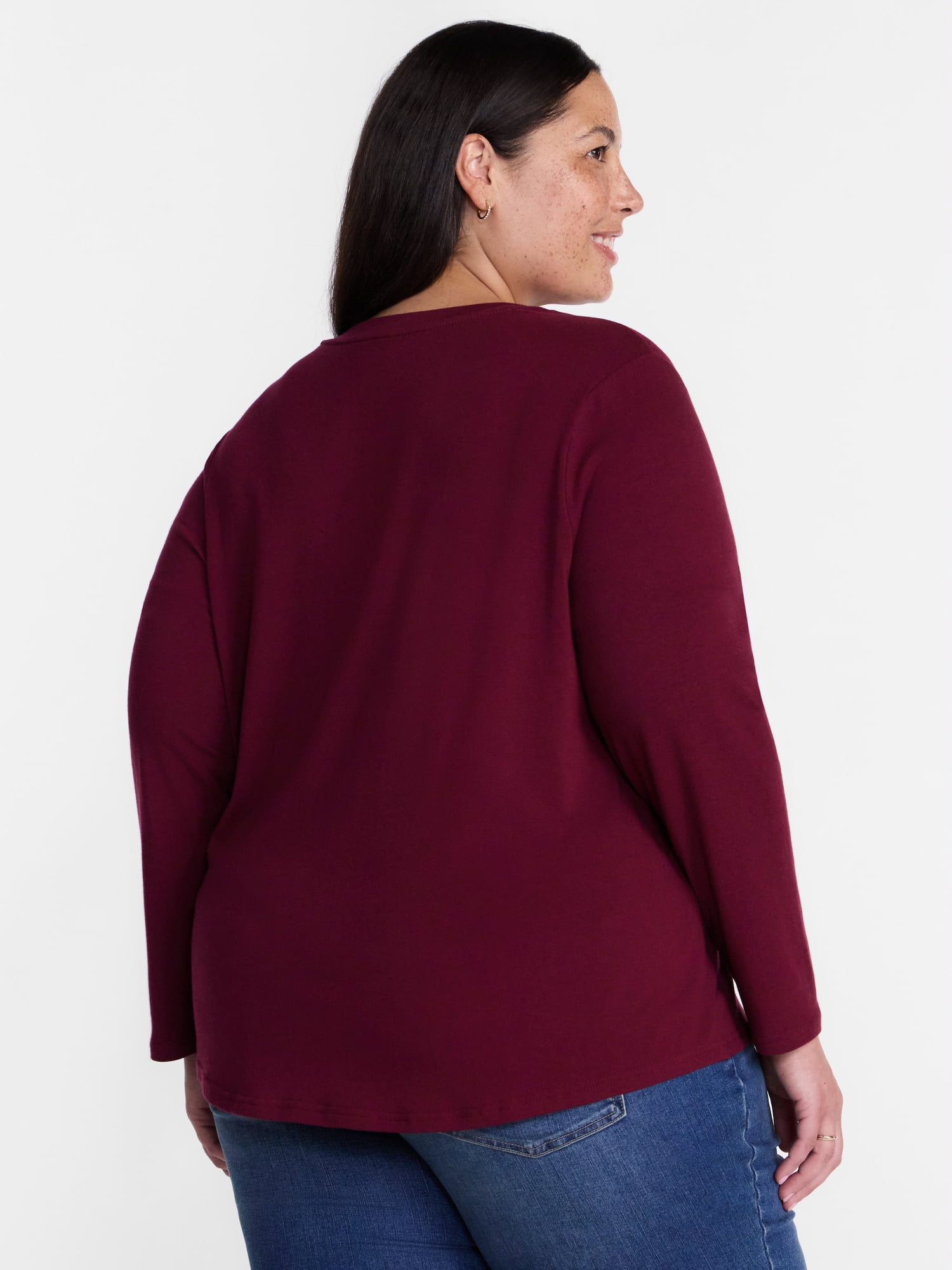 Terra & Sky Women's Plus Size V Neck Tee with Long Sleeves, Size 0X-5X
