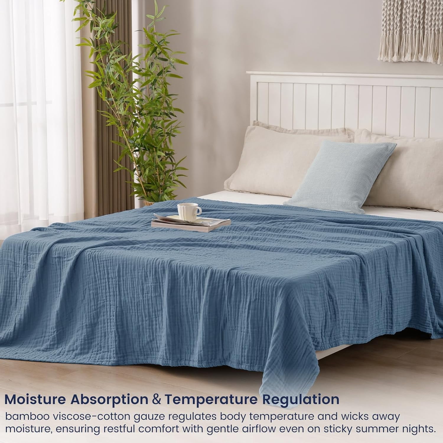 PHF Cooling Muslin Twin Blanket for Hot Sleepers, 4-Layer Breathable Bamboo Rayon & Cotton Gauze, Lightweight Summer Blanket for Bed or Couch, 66" x 90", Prussian Blue