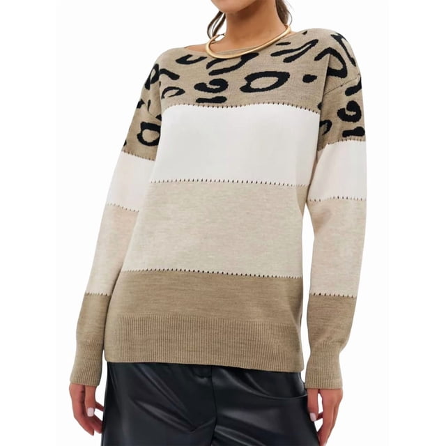 Suéter de Rayas con Estampado de Leopardo para Mujer, Cuello Redondo, Larga, Tejido con Bloques de Color Caqui L