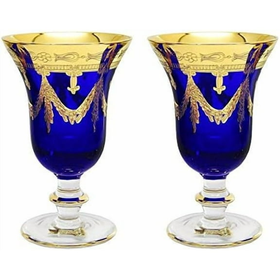 Set of 2 Crystal Glasses, 24K Gold-Plated (Wine Goblets, Blue)
