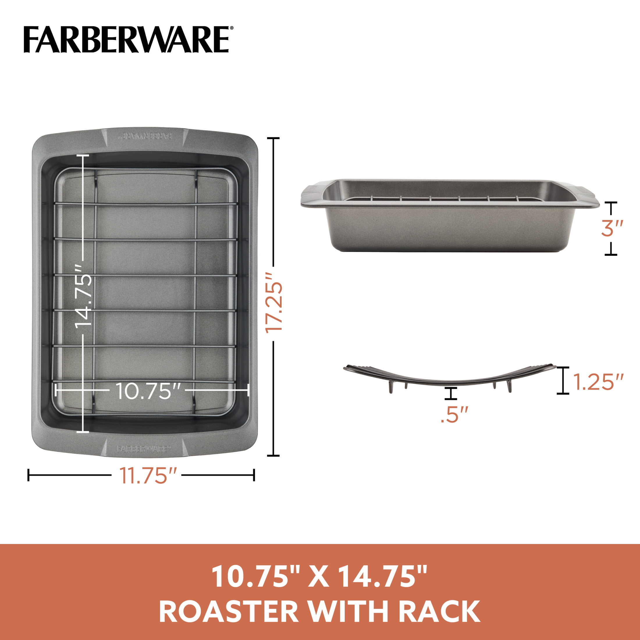 Farberware Bakeware 14.75 x 10.75 Inch Nonstick Roaster with U-Rack, Dishwasher Safe and Oven Safe to 450°F, Gray