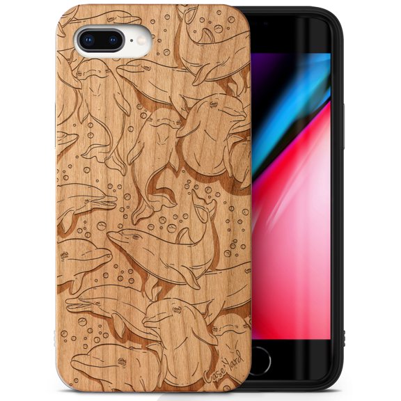 Case Yard Wooden Case Outside Soft TPU Silicone, Slim Fit Shockproof Wood Protective Phone Cover for Girls Boys Men and Women, Supports Wireless Charging Dolphins Design case for iPhone-8-Plus