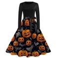 thumbnail image 1 of Vestido de Halloween de manga larga para mujer con estampado de fantasmas y murciélagos, vestido midi vintage de corte A con cinturón, 1 of 3