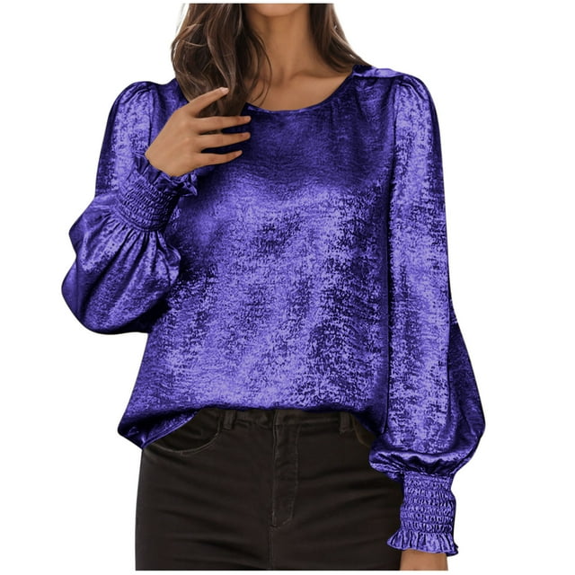 Women's Long Sleeve Tops, Casual Fashion Round Neck Blouse Solid Color Ruffle Shirt, Basic Tee for Fall Everyday Wear, Office Party Outfits