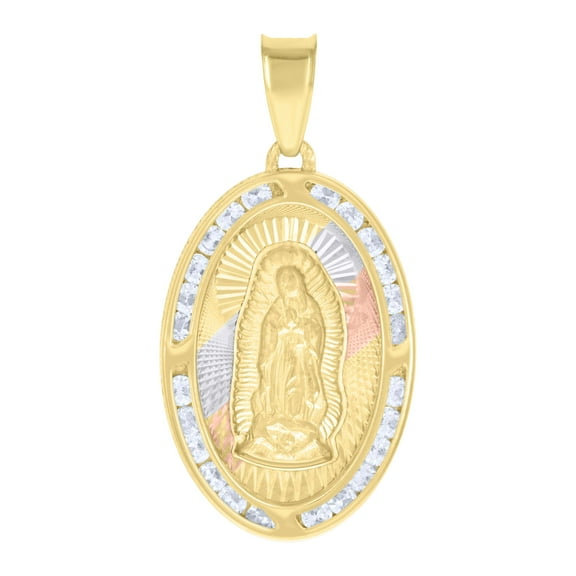 10kt Real Tri-Color Gold Womens Cubic-Zirconia Oval Guadalupe Religious Charm Pendant