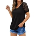 thumbnail image 3 of JWD Waffle Knit Lace Short Sleeve Blouses V Neck T Shirts Summer Casual Tops For Women Black XX-Large, 3 of 6