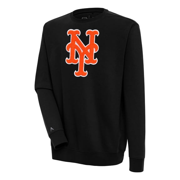 Men's Antigua  Black New York Mets Victory Crewneck Chenille Pullover Sweatshirt
