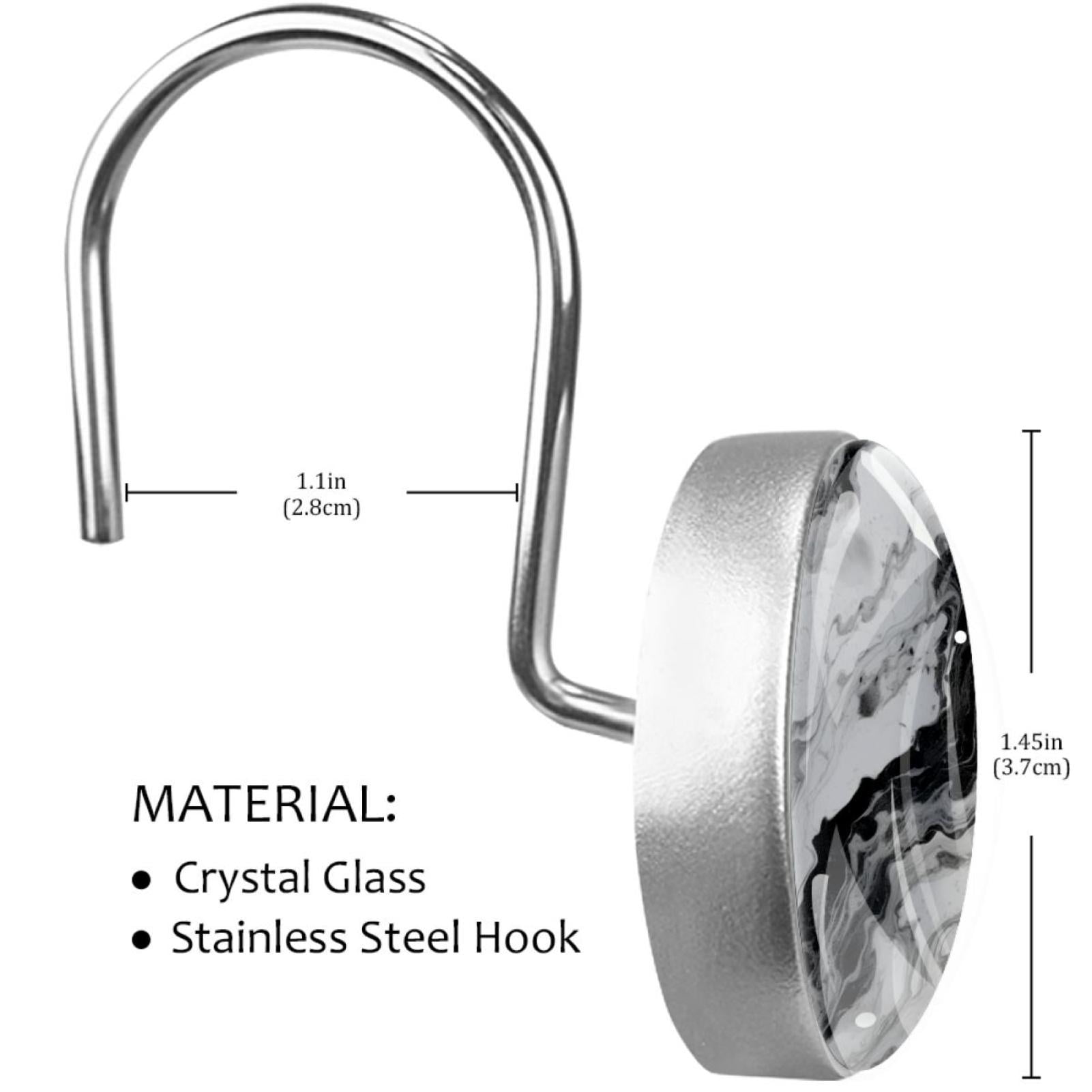 Marble Texture Shower Curtain Hooks （Set of 12） for Home Hotel Shower Rods Bathroom Crystal Glass Print Stainless Steel Round Curtain Hooks