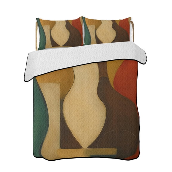 Abstract Waves Quilts Bedding Set Queen Size Vintage Minimalist Yellow Red Brown Color Bands Lightweight Quilted Bedspread 3 Piece Bed Quilt with 2 Pillow Shams All Season for Bedroom 78" x 90"