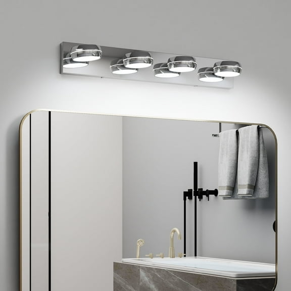 4 Lights Modern LED Vanity Light for Bathroom, 28 inch Chrome Up and Down Wall Light Fixtures Over Mirror with Frosted White Acrylic Shades (White Light 6000K)