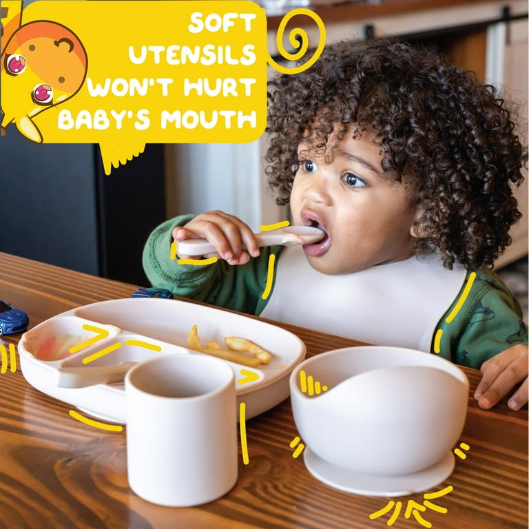 Muqee Peeko Warm Vanilla Baby Feeding Set - Toddler Self-Eating Plate Set  with Utensils - Suction Divided Plate, Food Bowl with Spoon, Fork -  Silicone Bib, Training Cup - Dishwasher-Safe (6 Piece