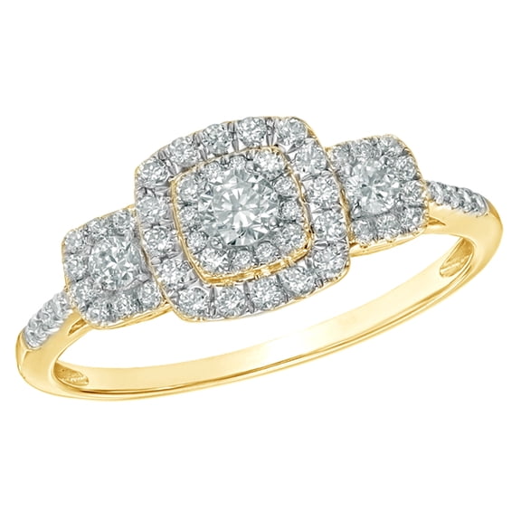 AFFY White Natural Diamond Square Frame Three Stone Engagement Ring in 10k Yellow Gold