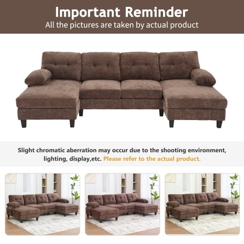 MOONMISS U-shaped Sectional Sofa 103.5" Chenille Fabric Couch with Dual Chaise Lounges, Storage Pockets and Armrest Pillows for Living Room,Brown
