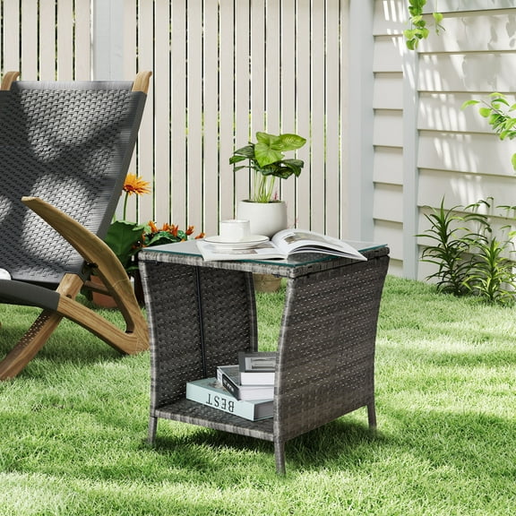 Patio Side Table, Rattan Propane Storage Box Propane Tank Cover Table, Square End Side Table for Garden Patio Deck Table Balcony