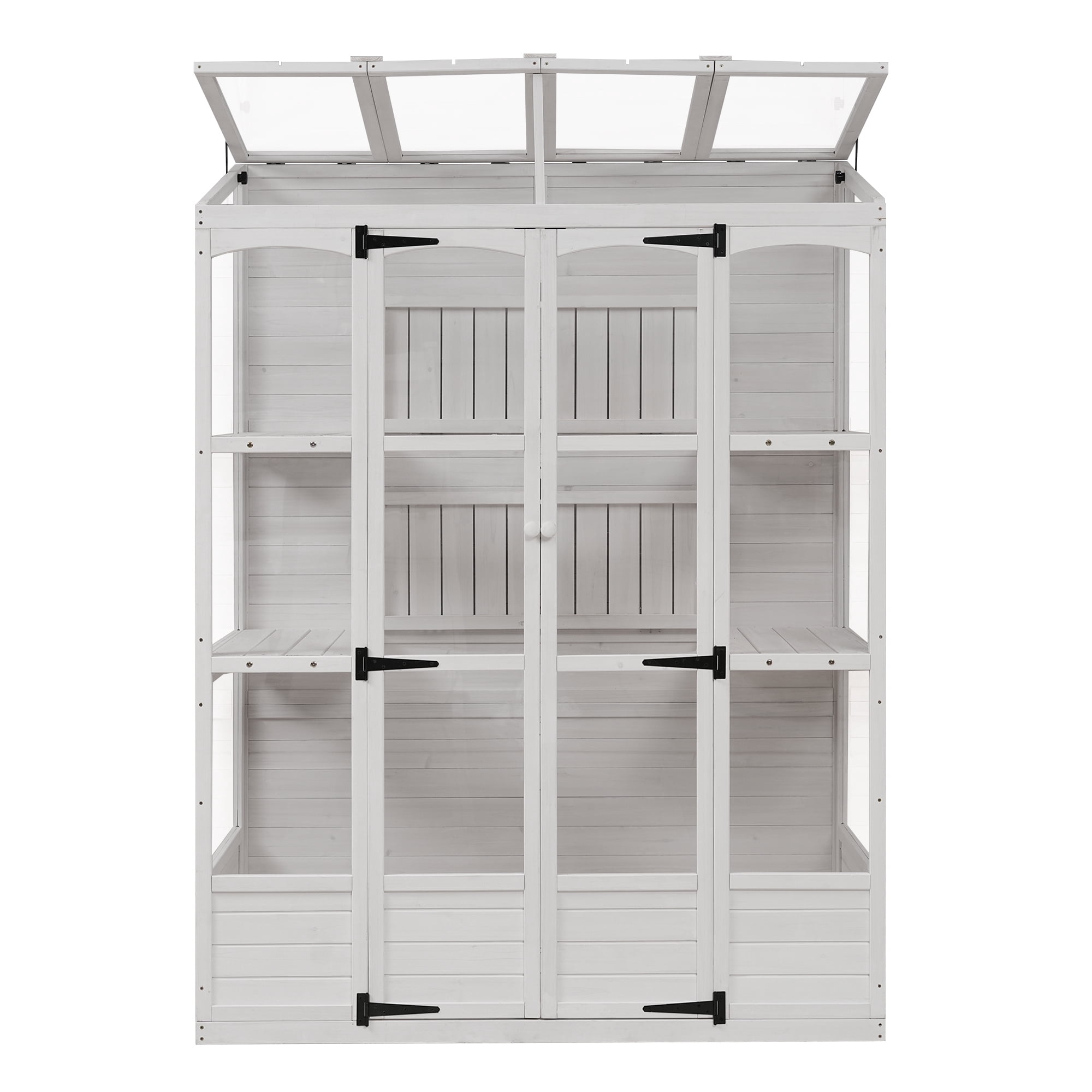 EUROCO 78" Wood Large Greenhouse Cold Frame, Portable Walk-in Outdoor Greenhouse with Openable Roof, 4 Independent Skylights and 2 Folding Middle Shelves, White