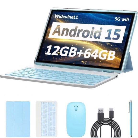 2025 Newest Android 14 Tablet, 10 inch 8GB RAM 64GB ROM 2 In 1 Tablet with Keyboard Case Mouse Stylus, 1.8GHz Quad-Core Processor, 1280*800 HD Touch Screen, 8MP Dual Camera, Games, Wi-Fi, BT Tablet